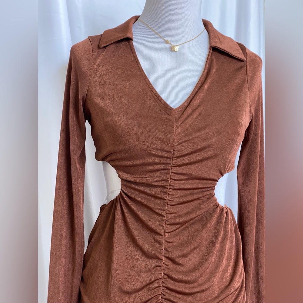 Brown Ruched Cut Out Bodycon Dress - Picture 2 of 3